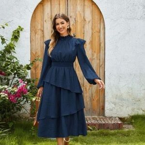 Grace Karin Navy Long Sleeve Tiered Dress
